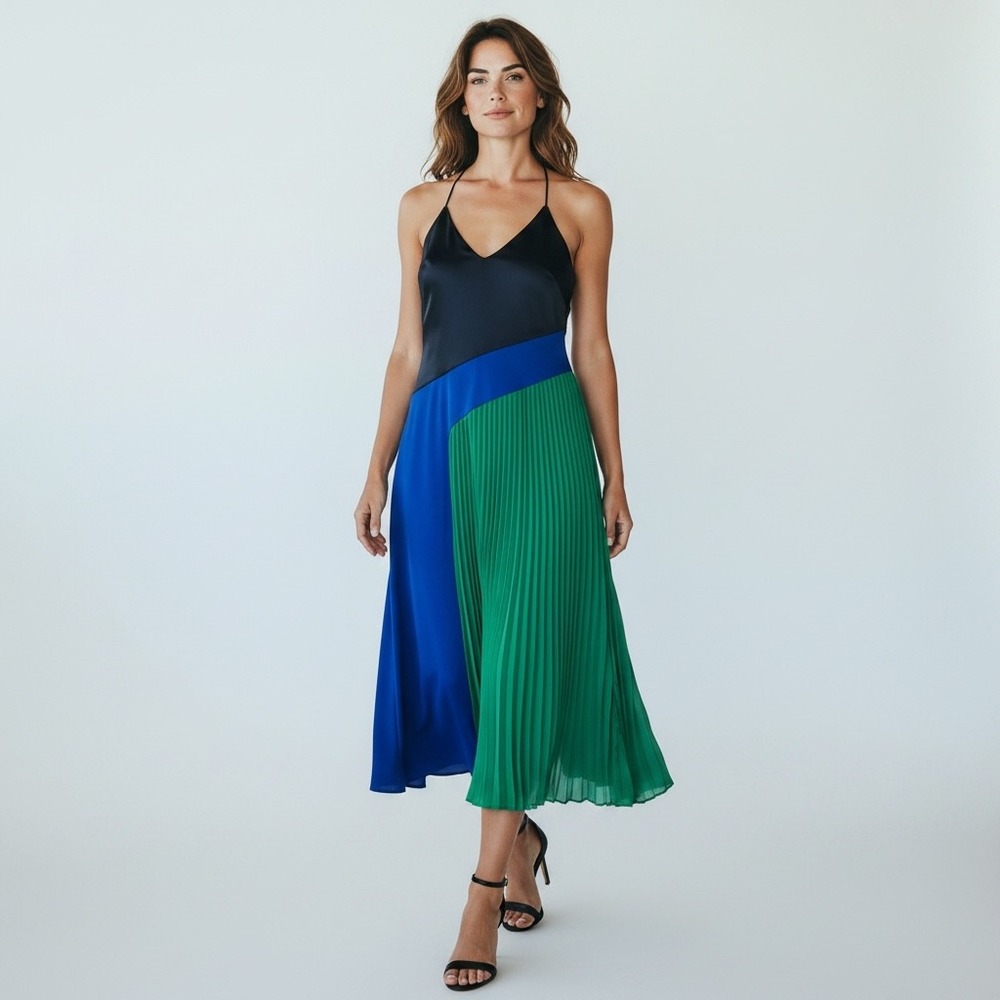Cushnie Dress Women 4 Navy Blue Green Colorblock Pleated Midi Elegant NWT $60
